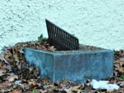 a metal grate sitting on top of a pile of leaves