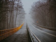 a foggy road with a yellow fence on the side